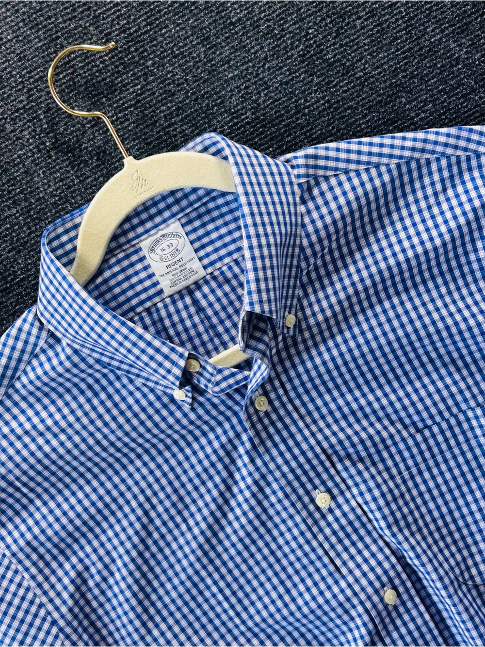 Brooks Brothers Regent Fit Shirt Men 16-33 Blue Gingham Non-Iron Supima Cotton